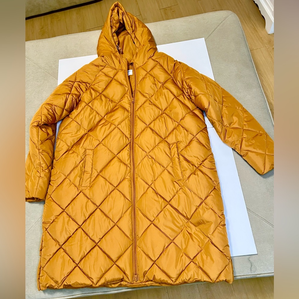 Amazon Essentials Coat Womens 2XL Mustard Hooded Quilted Long Puffer Jacket